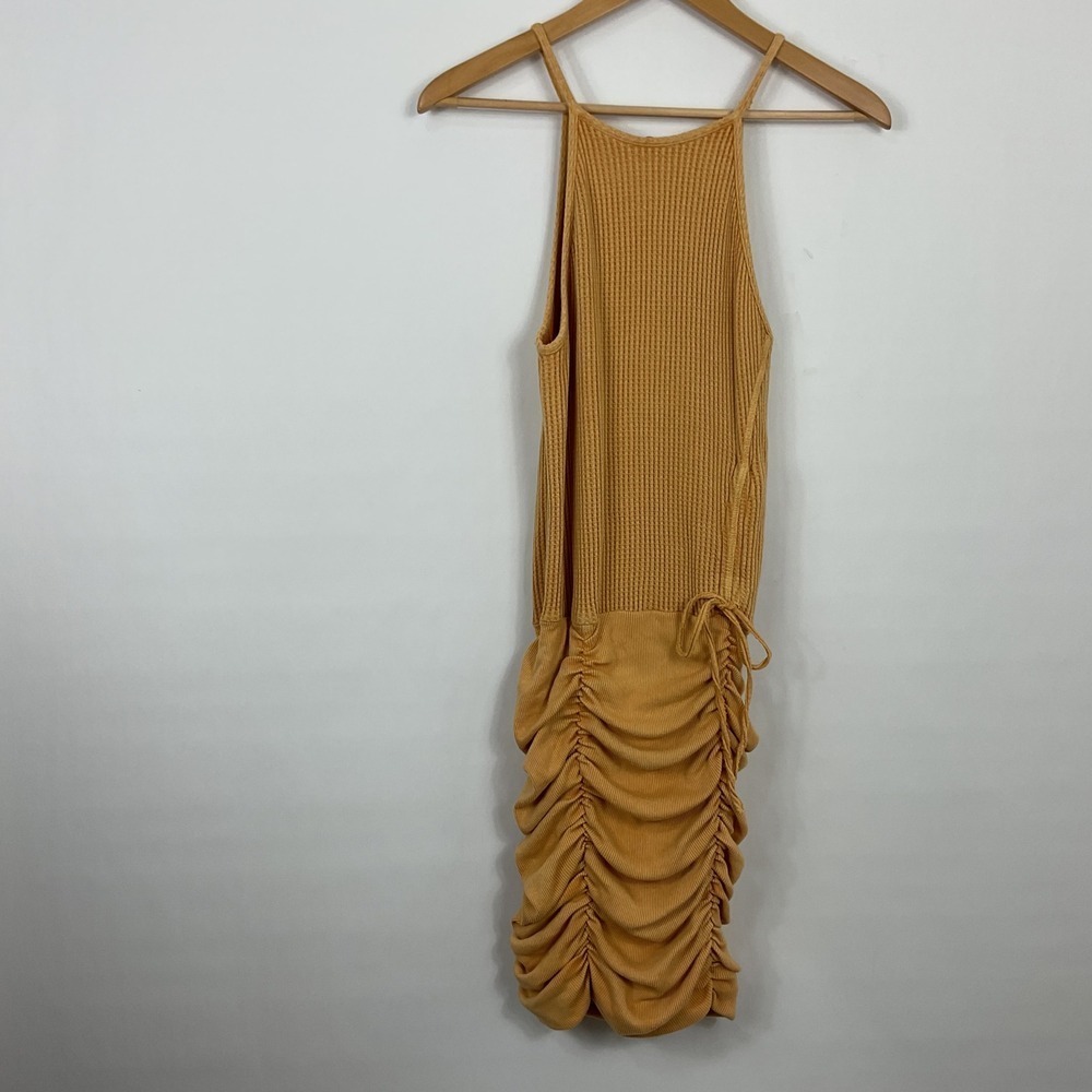 FP ONE Kayta Mini Dress Drawstring Ruched Sleeveless Ribbed Mustard XS